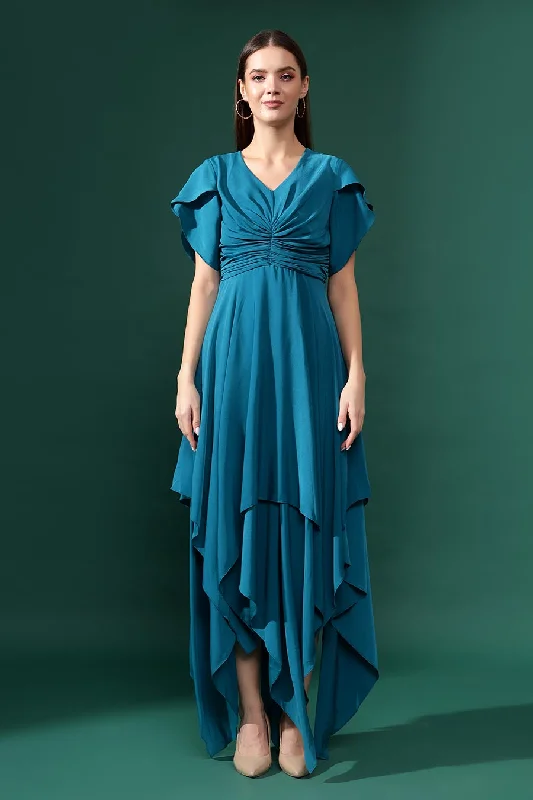 Blue Silk Crepe Draped Handkerchief Dress Casual unclassified dresses