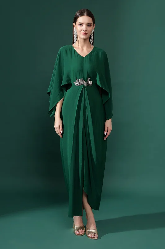 Bottle Green Metallic Embellished Drape Dress Unique unclassified dresses