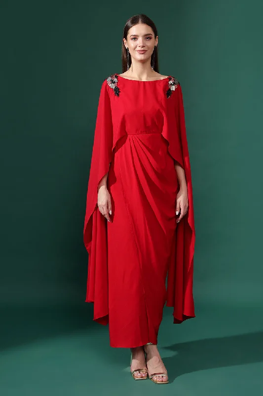 Red Lounge Embroidered Drape Dress Designer unclassified dresses