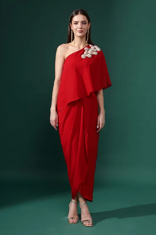 Red One-Shoulder Embellished Drape Dress Ruched unclassified dresses