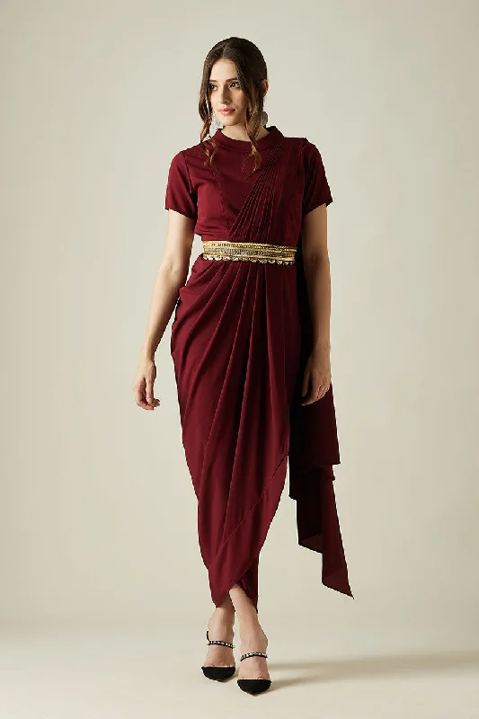 Wine Saree Dress With Molten Gold Belt Bodycon unclassified dresses