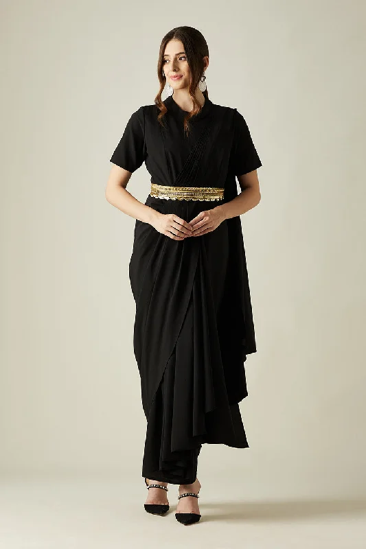 Black Pleated Saree Dress With Molten Gold Belt Corset unclassified dresses