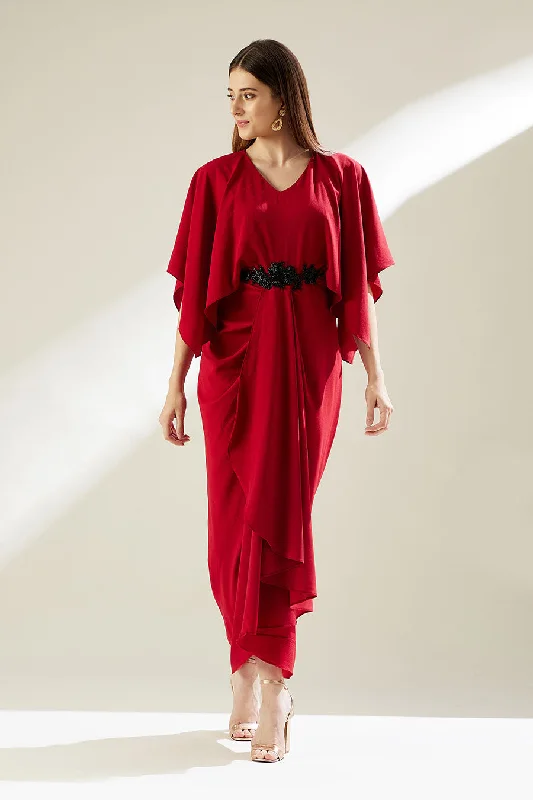 Crimson Red Embroidered Drape Dress Metallic unclassified dresses