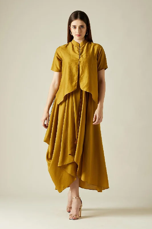 Mustard Cotton Silk Lounge Drape Dress Engagement unclassified dresses