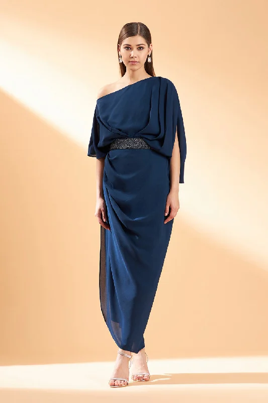 Blue Sapphire One-Shoulder Dress With Belt Ruffled unclassified dresses