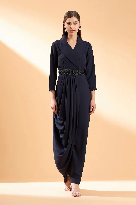 Navy Noir Drape Dress With Belt High-low unclassified dresses