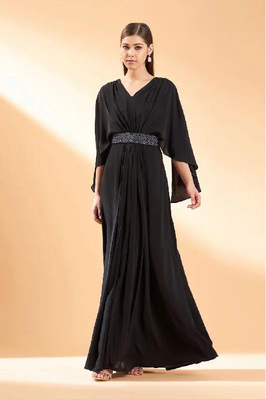 Ebony Crystal Drape Dress With Belt Preppy unclassified dresses