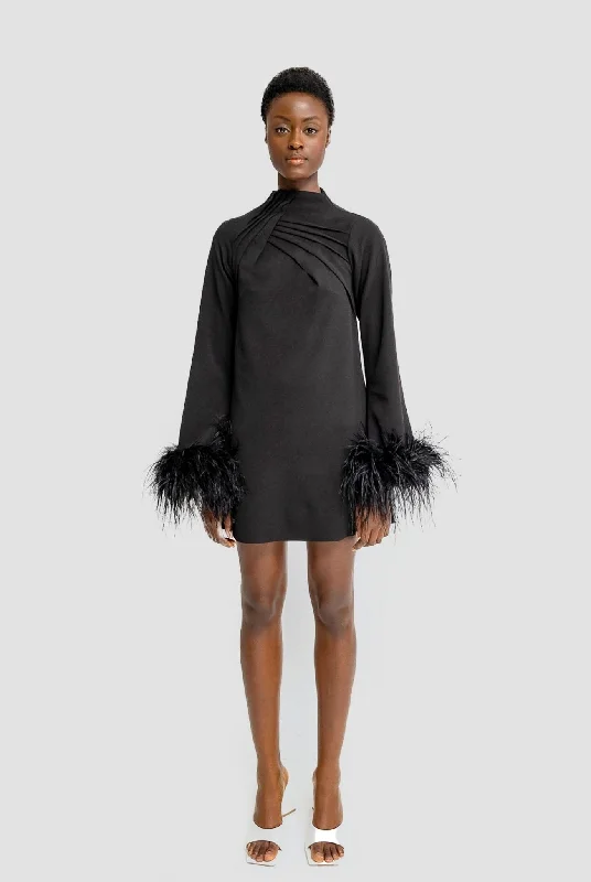 ALEXANDRA Black Shift Turtle Neck Dress With Feathers | Anitabel Short unclassified dresses