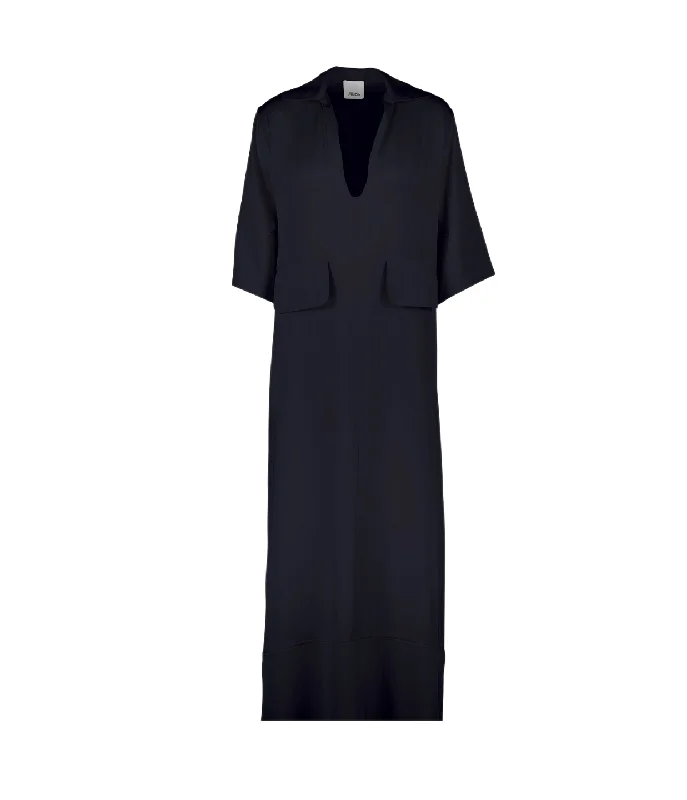 Serafino V-Neck Silk Dress in Navy Satin unclassified dresses