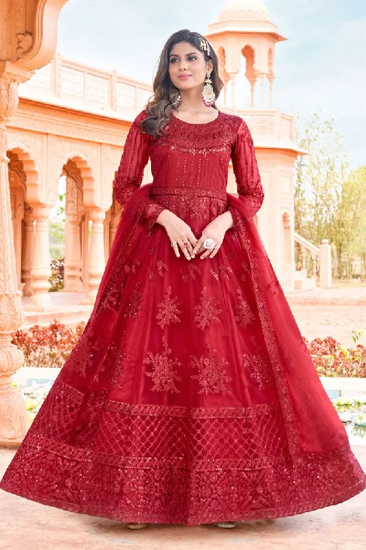 Alluring Net Fabric Red Color Embroidered Anarkali Suit Women's unclassified dresses