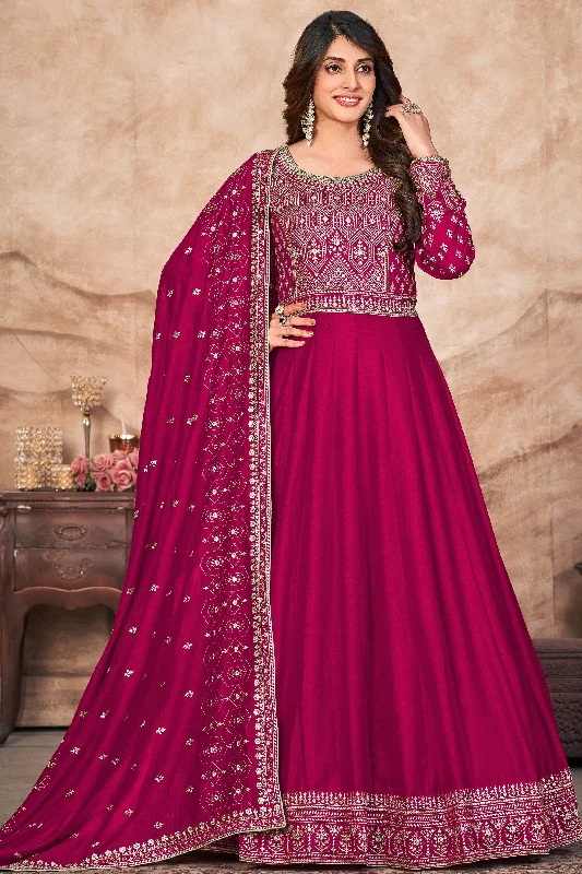 Art Silk Fabric Embroidered Function Wear Anarkali Salwar Suit In Rani Color Metallic unclassified dresses