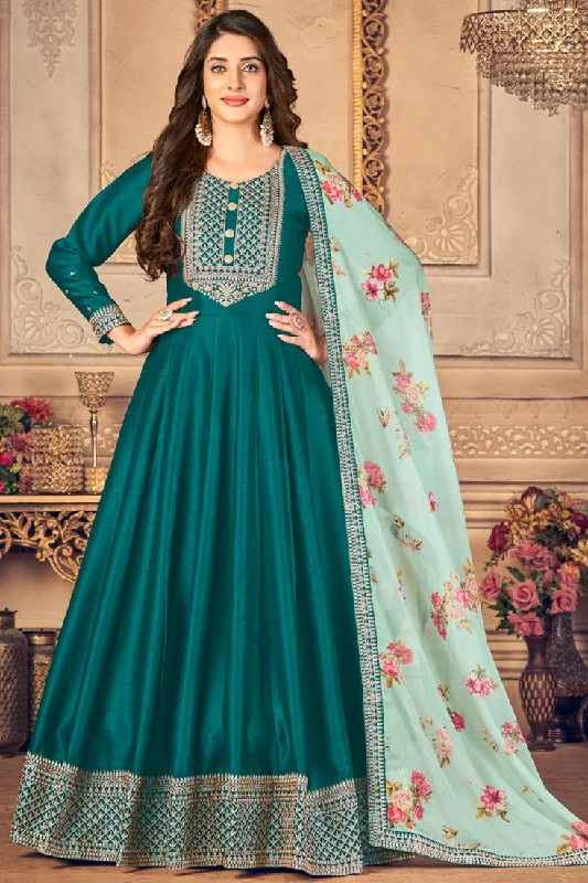 Art Silk Fabric Festival Look Teal Color Fashionable Anarkali Suit Vacation unclassified dresses