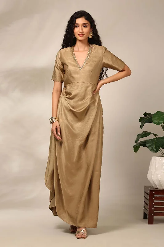 Beige Embellished Draped Dress One-shoulder unclassified dresses