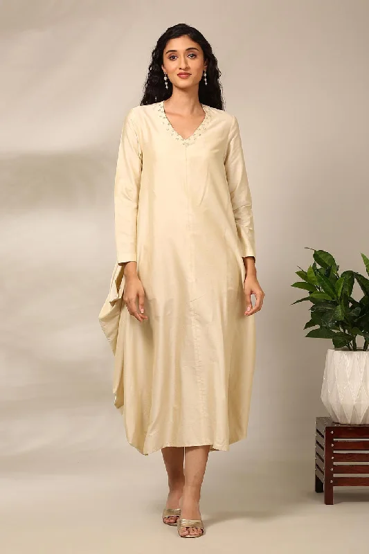 Beige Embroidered Draped Dress Boho unclassified dresses