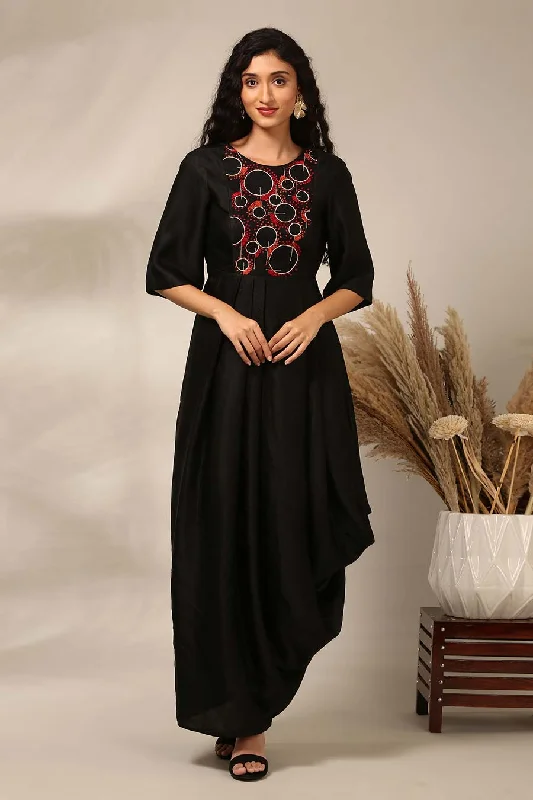 Black Embroidered Pleated Dress Denim unclassified dresses