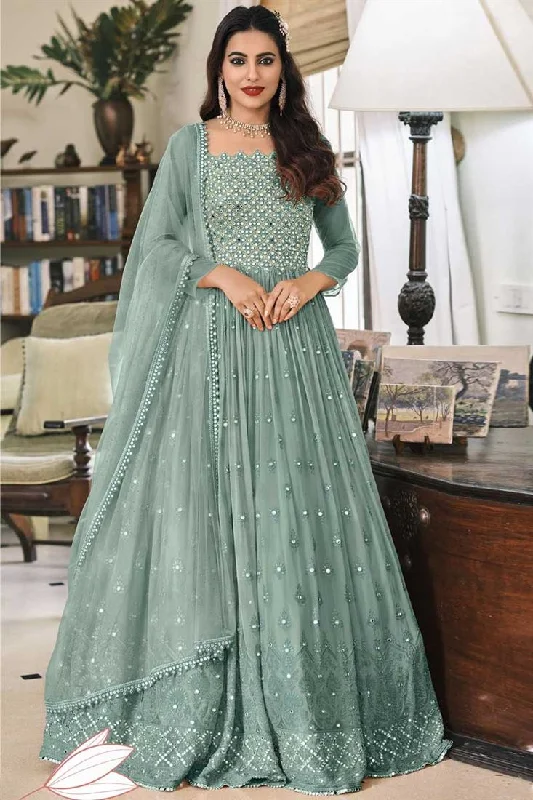 Astounding Sangeet Wear Georgette Fabric Sea Green Color Embroidered Work Anarkali Suit With Net Dupatta Lounge unclassified dresses