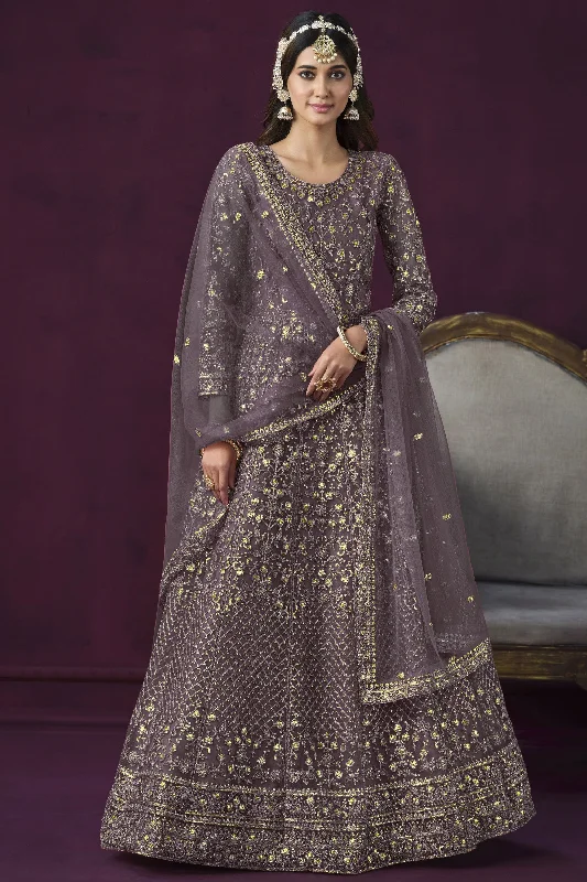 Attractive Embroidered Lavender Color Anarkali Salwar Kameez In Net Fabric Ruched unclassified dresses