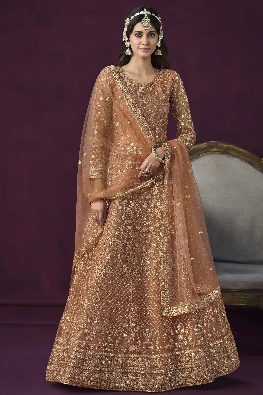 Beautiful Peach Color Embroidered Anarkali Suit In Net Fabric Corset unclassified dresses