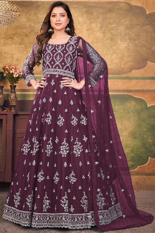 Beguiling Wine Color Net Fabric Function Look Anarkali Suit Gothic unclassified dresses