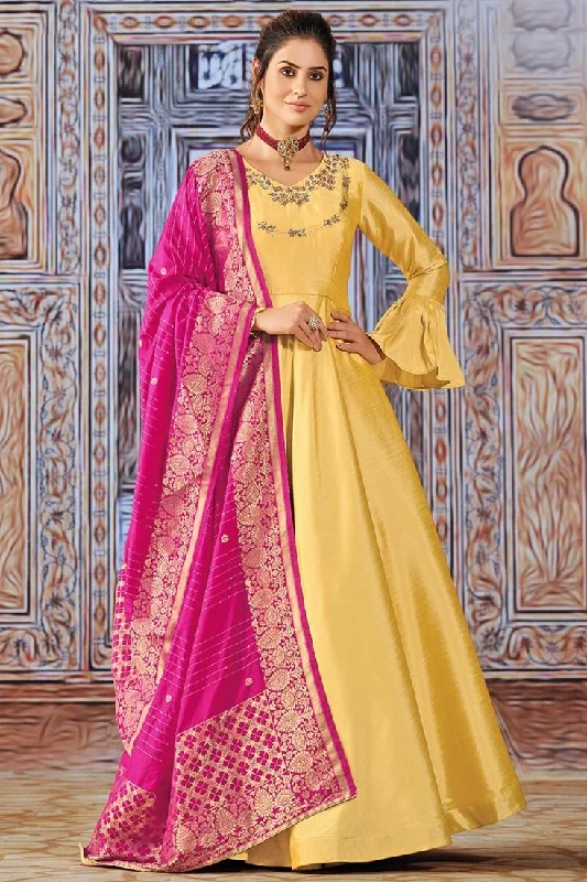 Beguiling Yellow Color Art Silk Fabric Savvy Suri Anarkali Suit With Contrast Dupatta Engagement unclassified dresses