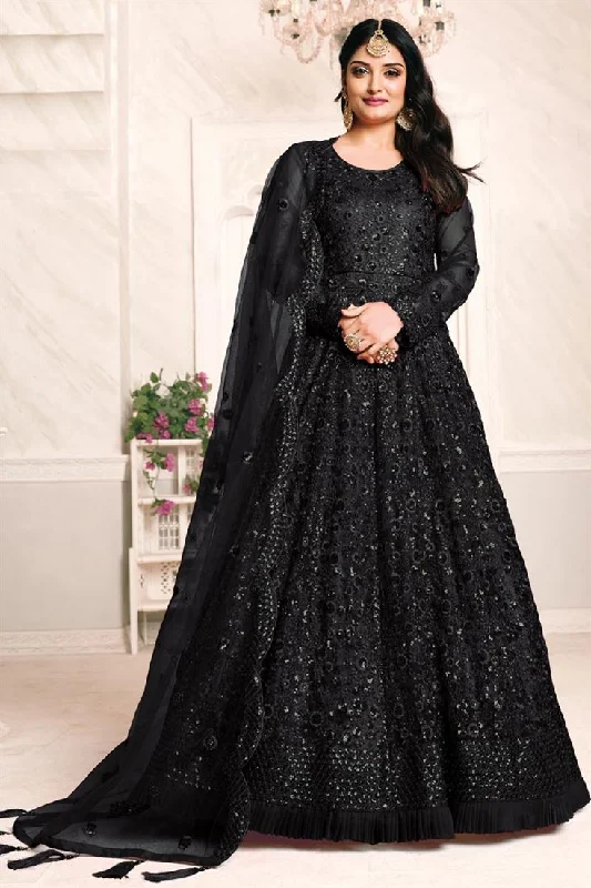 Black Color Net Fabric Embroidery Work Function Wear Anarkali Suit Fall unclassified dresses