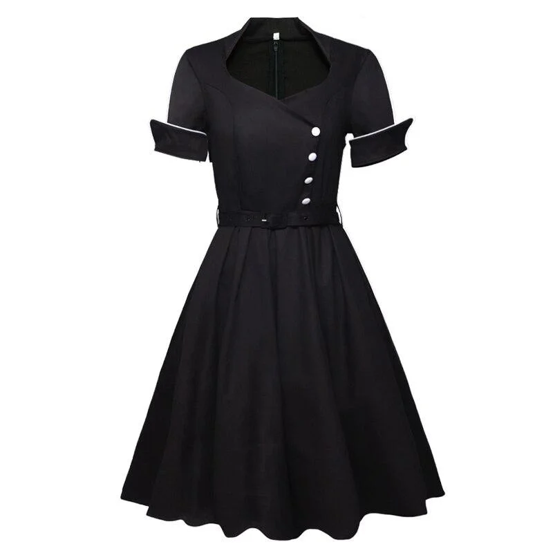 Black Elegant Button Front Women Vintage A Line High Waist Belted Knee Length Swing Dress Ruched unclassified dresses