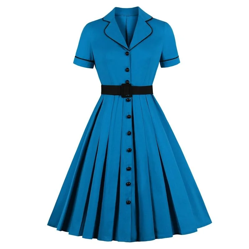 Blue Elegant Notched Collar Belted High Waist Vintage Single-Breasted Pleated Pinup Ladies Dress Plus size unclassified dresses