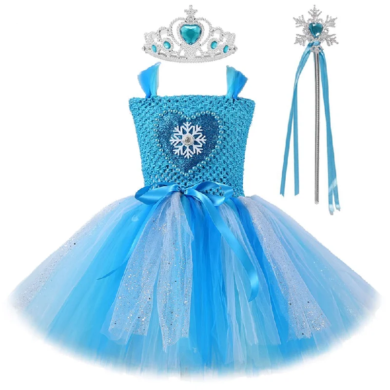 Blue Snow Queen Dress for Girls Cosplay Costume Halloween Kids Clothes Princess Elsa Dresses Fluffy Tutus with Crown Magic Stick Vintage unclassified dresses