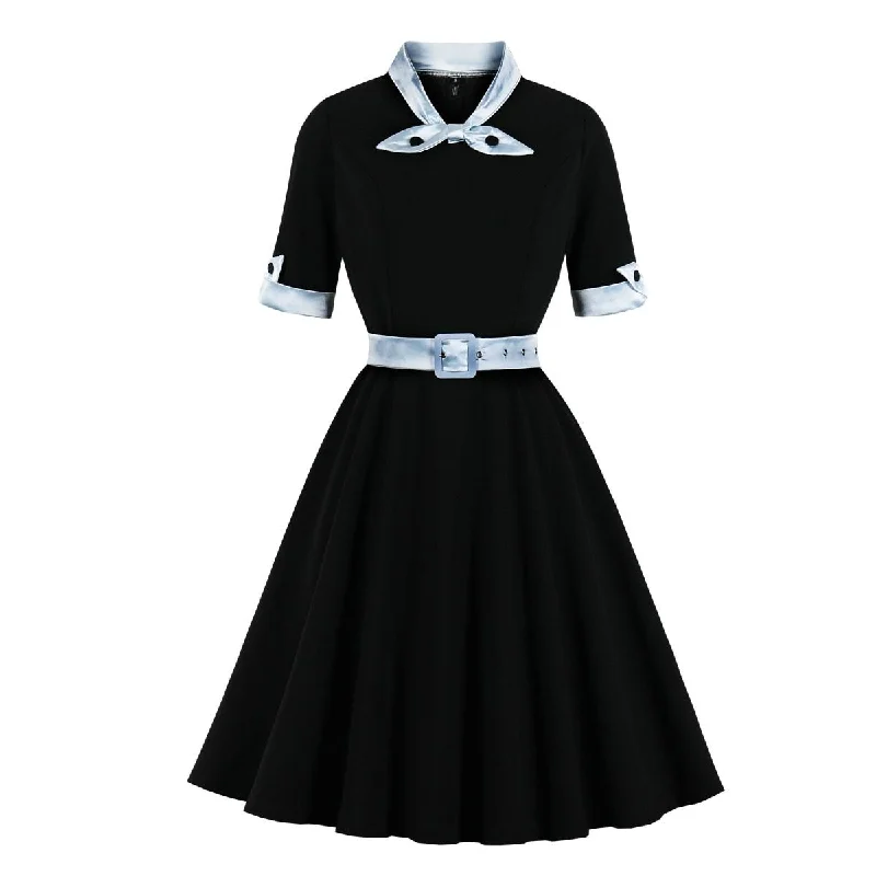 Bow Neck Black Vintage Autumn Winter Dress Female Robe Half Sleeve A Line Swing Dresses Belted Elegant Women Clothing Vestidos Cotton unclassified dresses