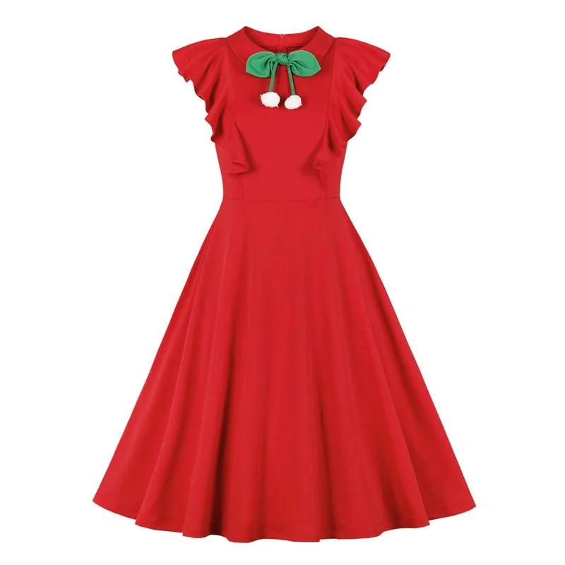 Bow Neck Vintage Style Ruffle Armhole Women Red Dress Cotton unclassified dresses