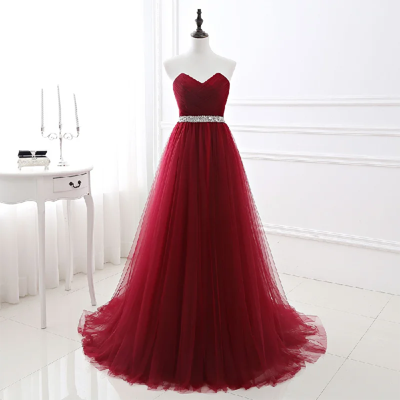 Burgundy Ball Gown Evening Dress Floor Length Tutu Pearls Beaded Abendkleider Fantastic Formal Dress Sweetheart Neck A-line Robe Y2K unclassified dresses