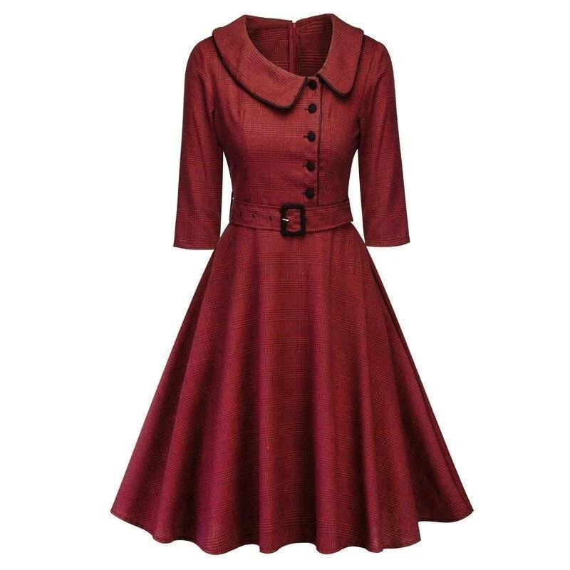 Casual Burgundy Elegant Autumn Plaid Vintage 3/4 Sleeve Office Lady Belted Retro Dress Monochrome unclassified dresses