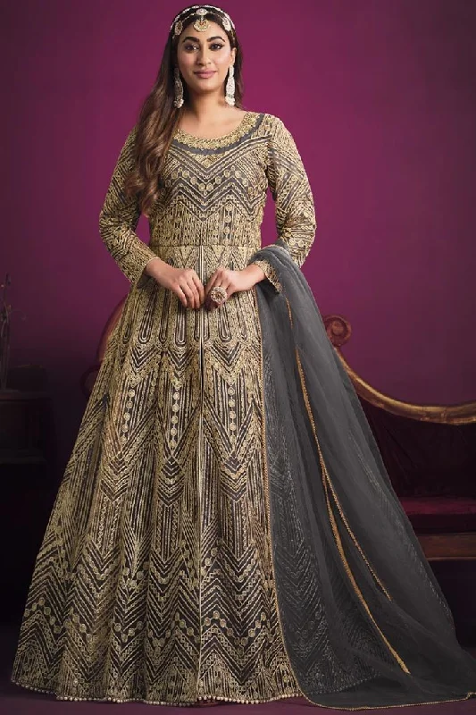 Classic Grey Color Sangeet Wear Net Anarklai Suit A-line unclassified dresses