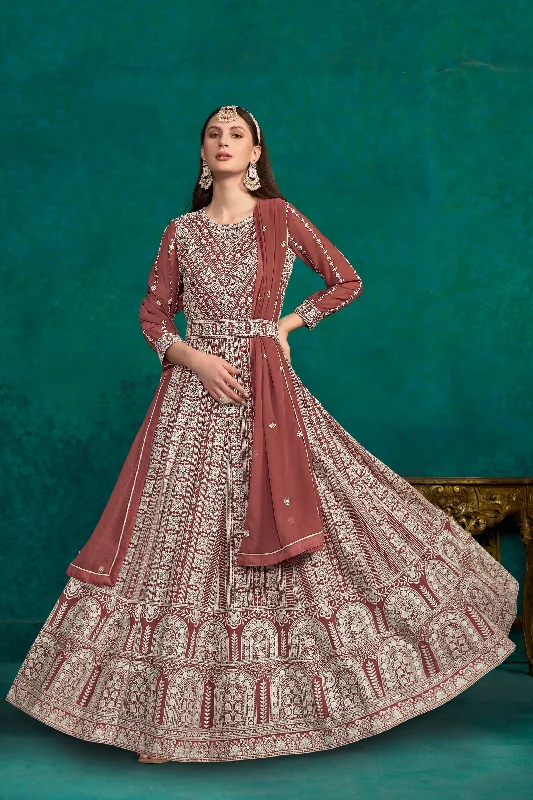 Classic Maroon Color Embroidered Anarkali Suit In Georgette Fabric Earthy tone unclassified dresses