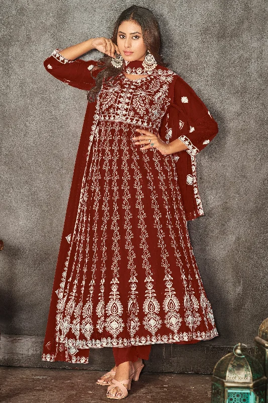 Classic Maroon Color Embroidered Anarkali Suit In Net Fabric Short unclassified dresses