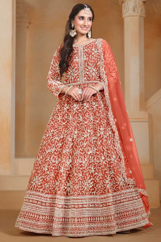 Classic Orange Color Function Style Anarkali Suit In Net Fabric Monochrome unclassified dresses