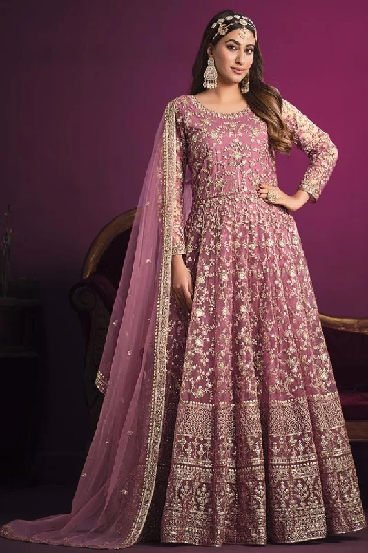 Classic Pink Color Embroidered Anarkali Suit In Net Fabric Floral unclassified dresses