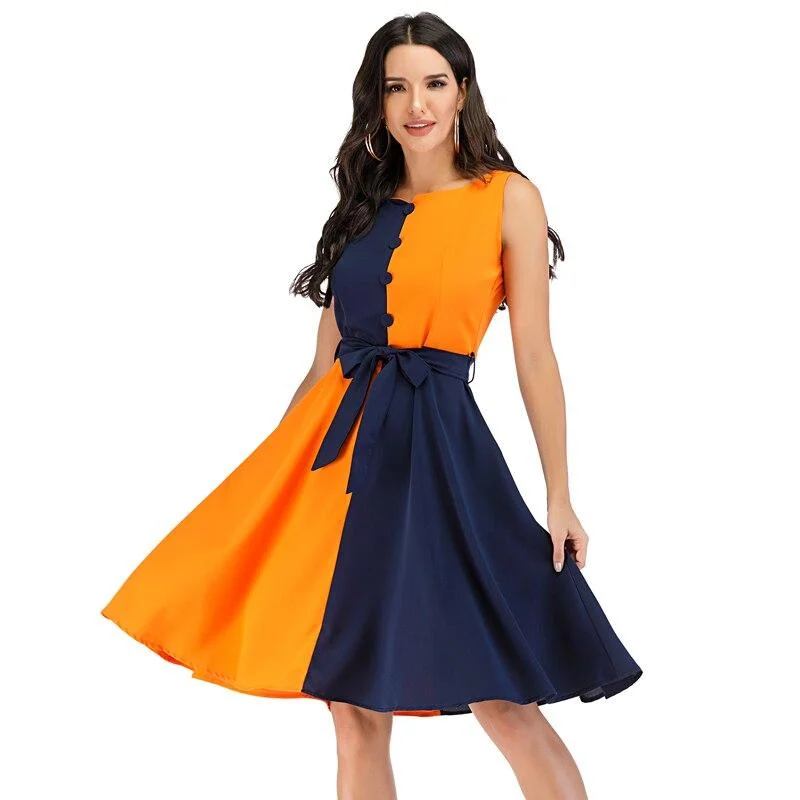 Color Block Button Front Chiffon Casual Summer Sleeveless High Waist Vintage Elegant Office Swing Dress Preppy unclassified dresses Color Block Button Front Chiffon Casual Summer Sleeveless High Waist Vintage Elegant Office Swing Dress Preppy unclassified dresses