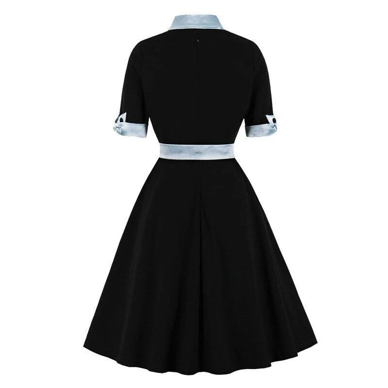 Contrast Bow Neck Black Vintage Robe A Line Winter Elegant Clothing Half Sleeve Swing Dress with Belt Neutral tone unclassified dresses