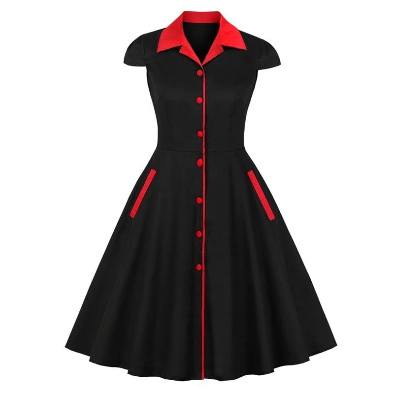 Contrast Collar Button Up Rockabilly Vintage Cotton 50S 60S Retro Women Cap Sleeve Summer Pockets Elegant Dress Beaded unclassified dresses