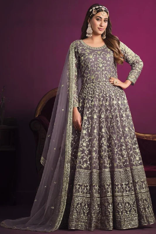 Creative Embroidered Net Fabric Anarkali Suit In Lavender Color Cotton unclassified dresses