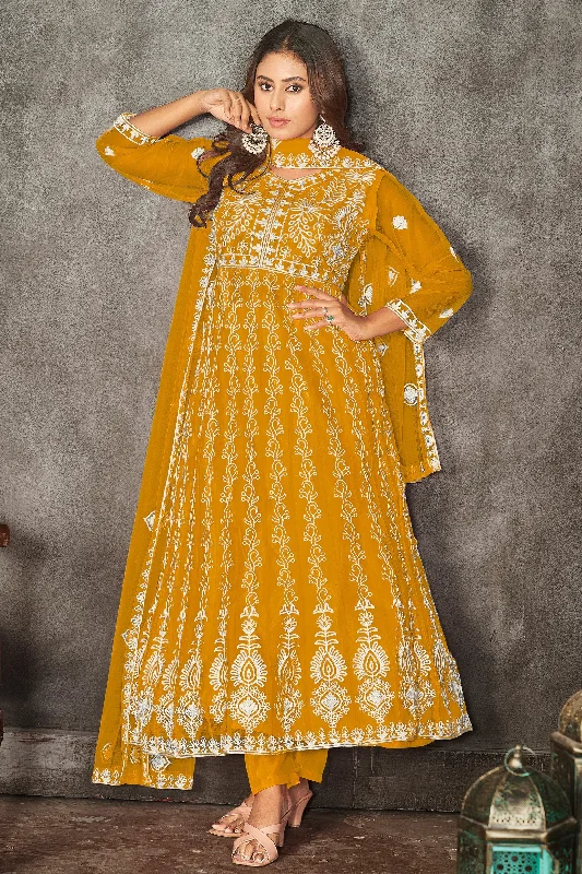 Creative Embroidered Net Fabric Anarkali Suit In Yellow Color Designer unclassified dresses