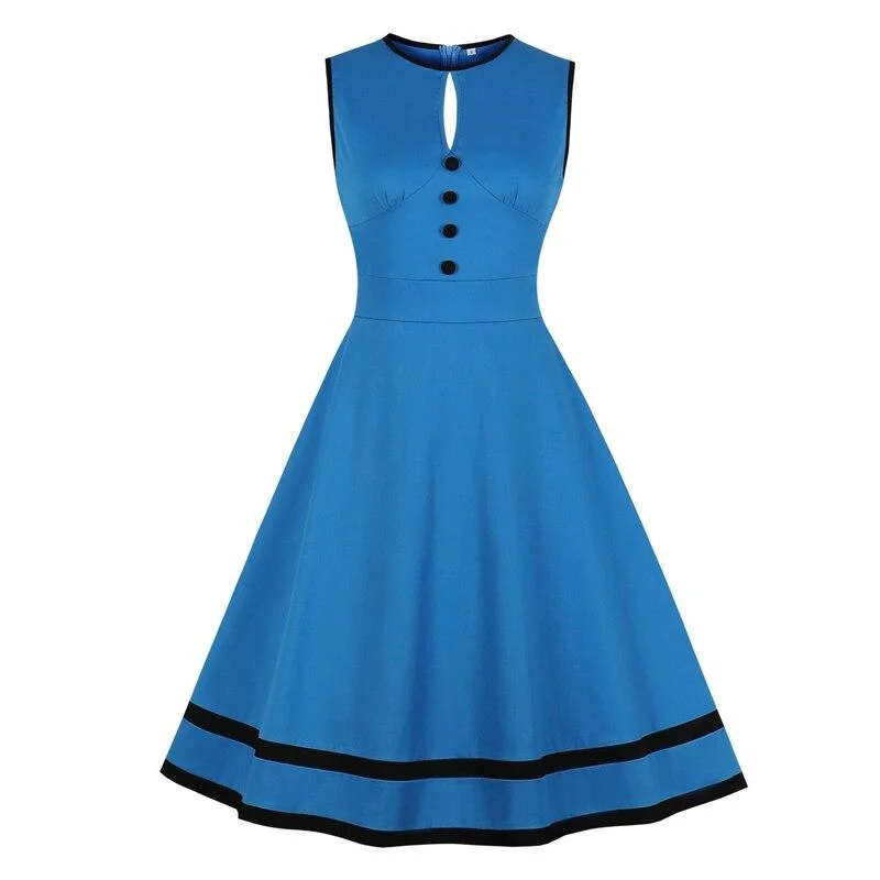 Cut Out Button Front High Waist Rockabilly Vintage Style Blue Sleeveless Robe Cotton Slim Dress Metallic unclassified dresses