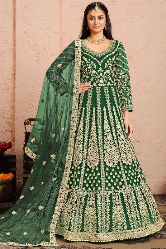 Dark Green Color Function Wear Embroidered Net Fabric Designer Anarkali Suit Cotton unclassified dresses