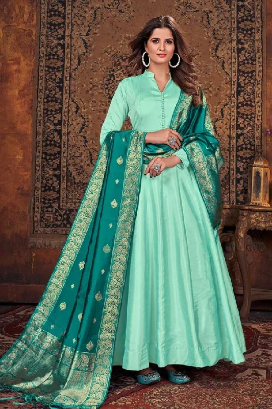 Dazzling Art Silk Fabric Sea Green Color Anarkali Suit With Contrast Dupatta Women's unclassified dresses