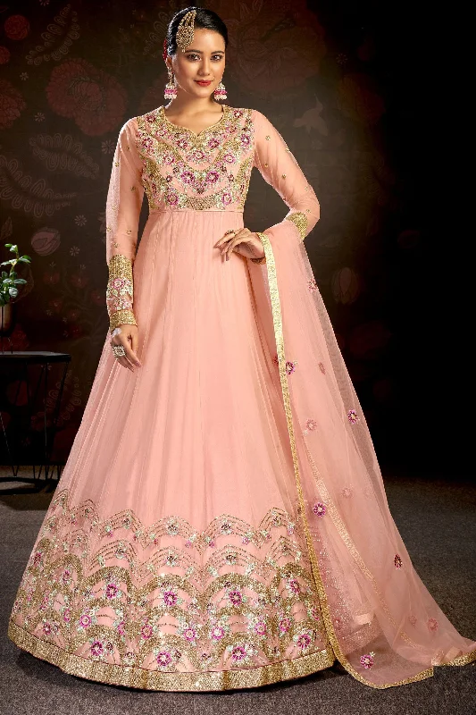 Dazzling Net Fabric Peach Color Embroidered Anarkali Suit Backless unclassified dresses