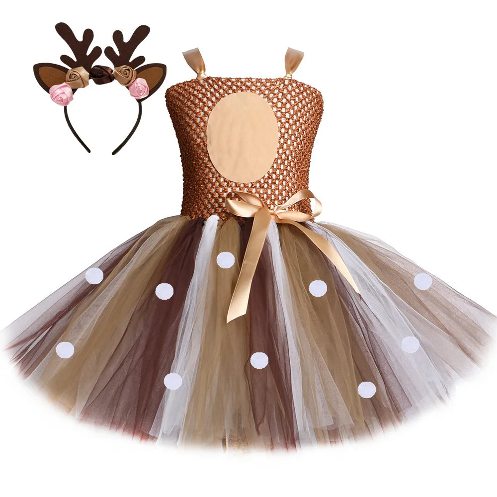 Deer Tutu Dress Girl Christmas Dresses with Headband Kids Halloween Costume Baby Girl Princess Elk Reindeer Outfit for New Year Smocked unclassified dresses