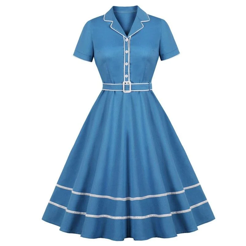 Elegant Blue Button Up Contrast Tape Hem Vintage Notched Collar Cotton Belted Retro A Line Dress One-shoulder unclassified dresses