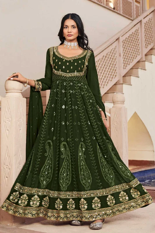 Elegant Mehendi Green Georgette Sangeet Wear Readymade Anarkali Suit Minimalist unclassified dresses