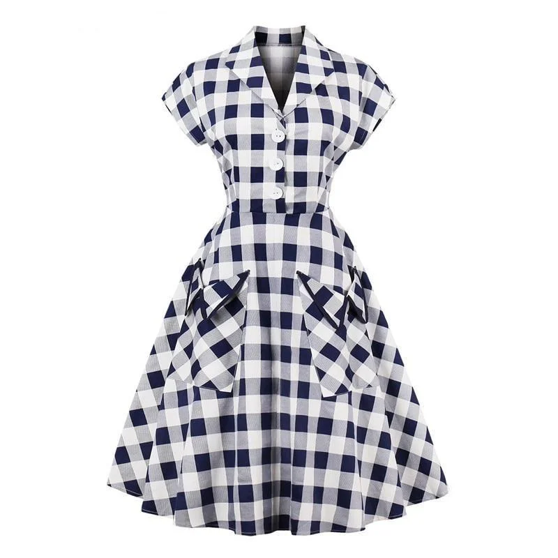 Elegant Plaid Button Up Gingham Dress Retro Style Women Summer Pockets A Line Cotton Rockabilly Vintage Dress High-low unclassified dresses